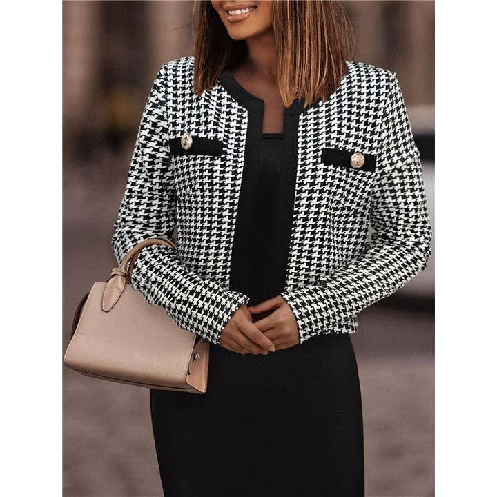 Kvinders Rund Hals Metal Knap Print Elegant Kort Jakke for engroshandel hos Sheer Trend