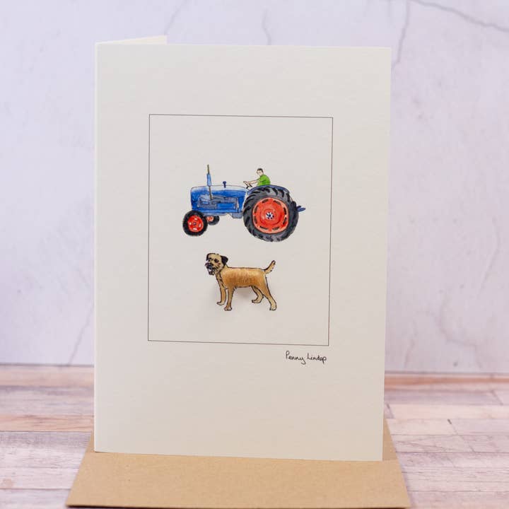 Blue Tractor and Border Terrier 3D Greeting Cards for wholesale by Papersheep UK