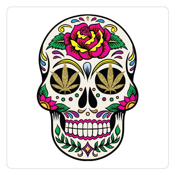 YAY NOVELTY - Wholesale Sticker - Clear Vinyl Cannabis Sticker 2"x2" - Calavera