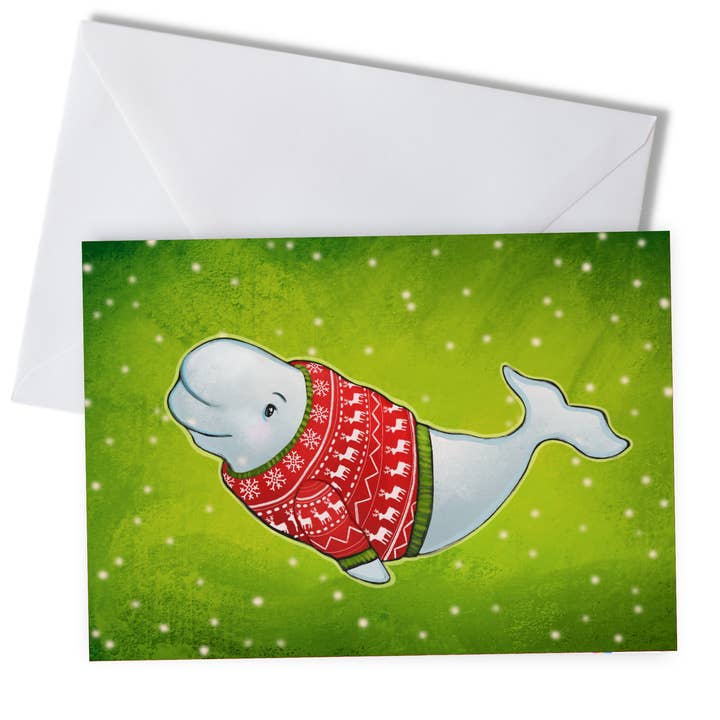 Carte de vœux de Noël avec pull beluga pour la vente par Amanda Rose Warren