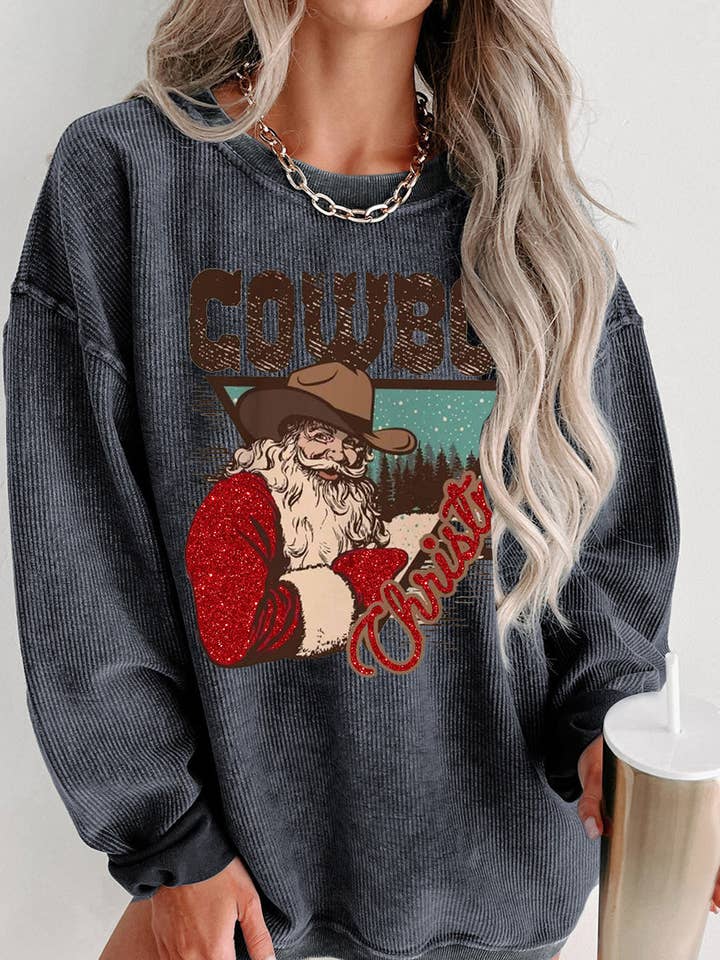Lovesoft - Wholesale Graphic Sweatshirt - Women's - Christmas Cowboy Boy Printed Knit Crew Neck Pullover Sweatshirt0