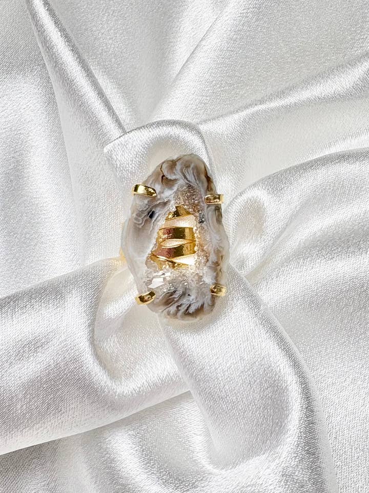 Geode Slice Ring – Light Brown Crystal Adjustable Band | 18K Gold Plated for wholesale by Aqua Brasil LLC