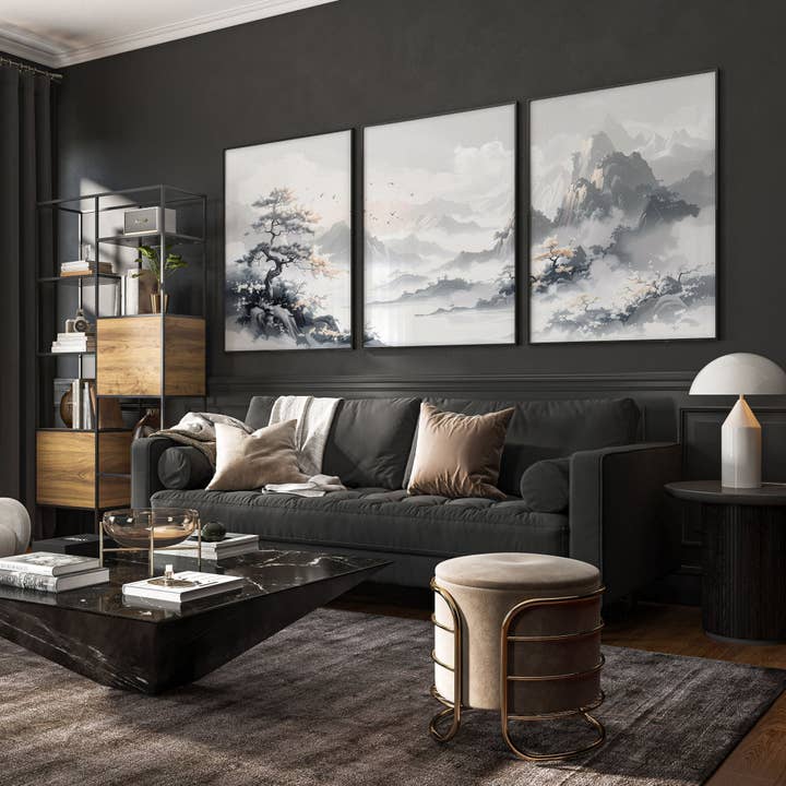 Images modernes pour salon | Ensemble de 3 impressions murales d'inspiration asiatique pour la vente par About Wall Art