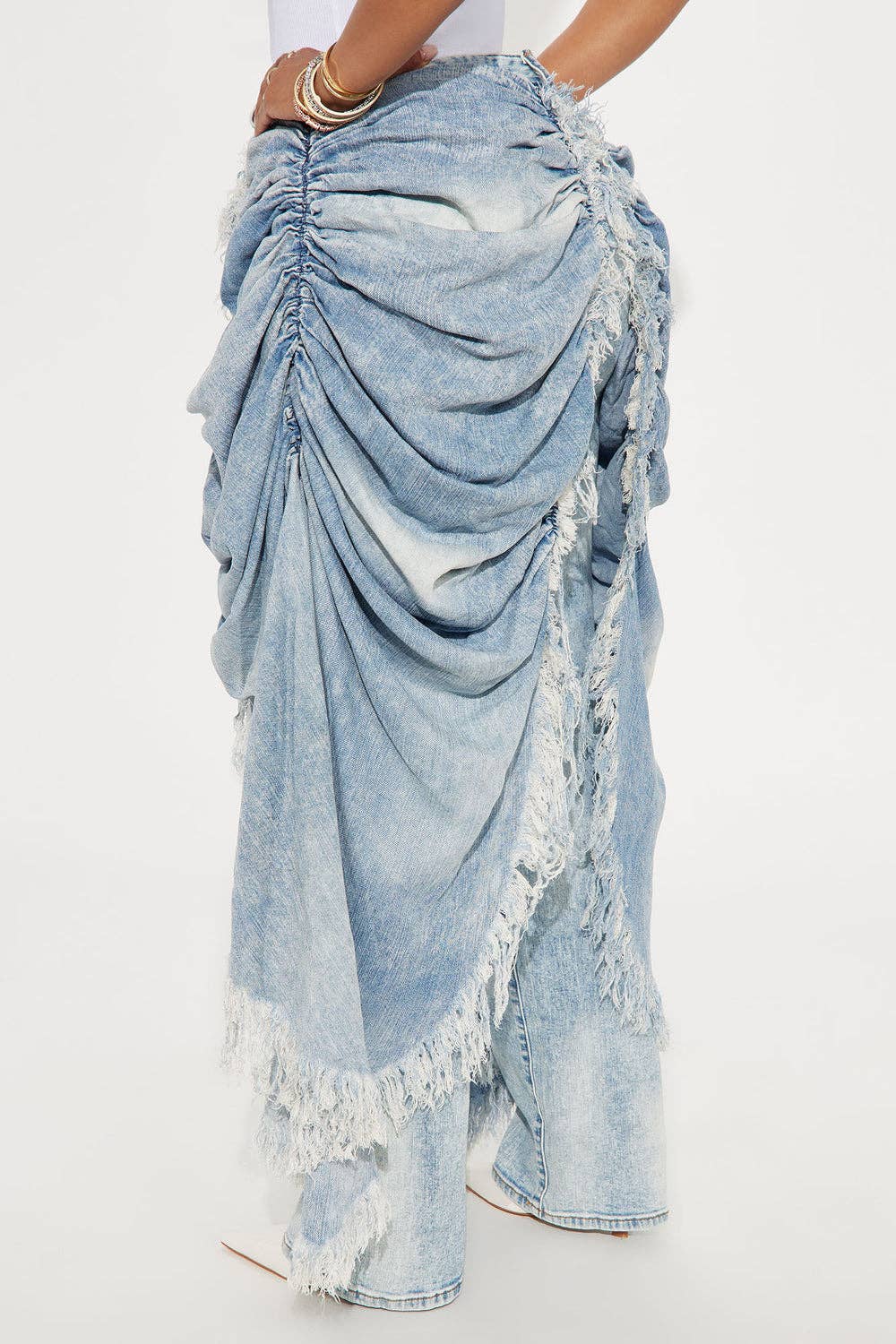 Light Denim DISTRESSED SKIRT OVERLAY STRAIGHT JEANS for wholesale on Faire4