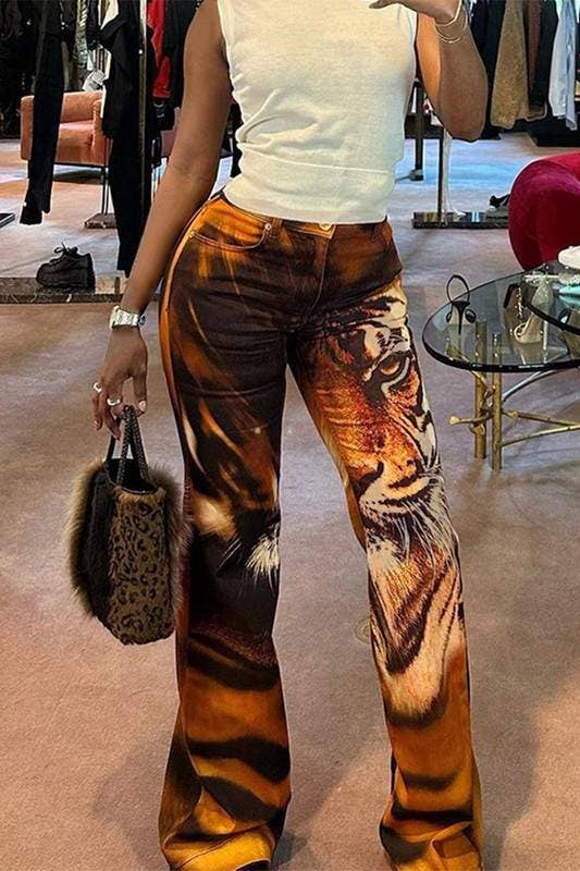 BROWN tiger graphic long pants for wholesale on Faire6