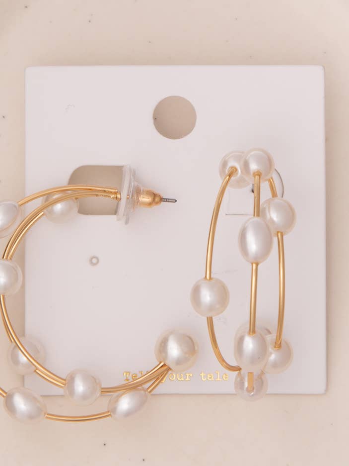 Polished Pearl Beaded Open Crescent Moon Wire Hoop Earrings for wholesale by SP Sophia Collection