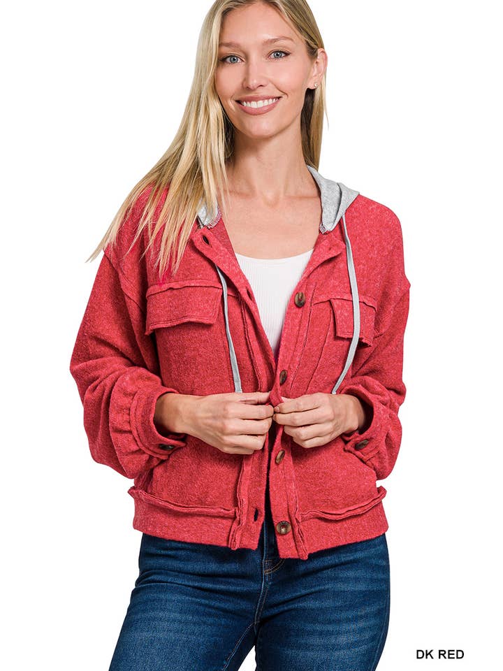 42POPS - Wholesale Shirt Jacket/Shacket - Women's - ...SI-27169 Brushed Hacci Hooded Button Down Shacket