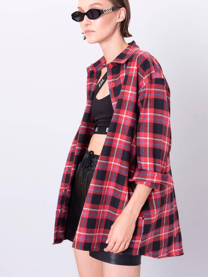 17178-Checkered Shirt Dress - Red for wholesale by BSL