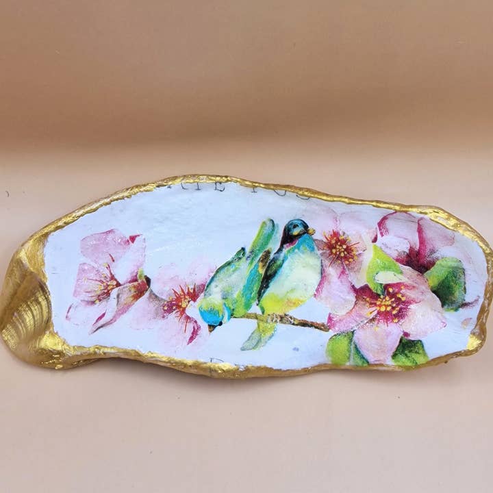 Lovebirds on Cherry Blossom Oyster Shell Trinket Dish for wholesale by Bee my Oyster