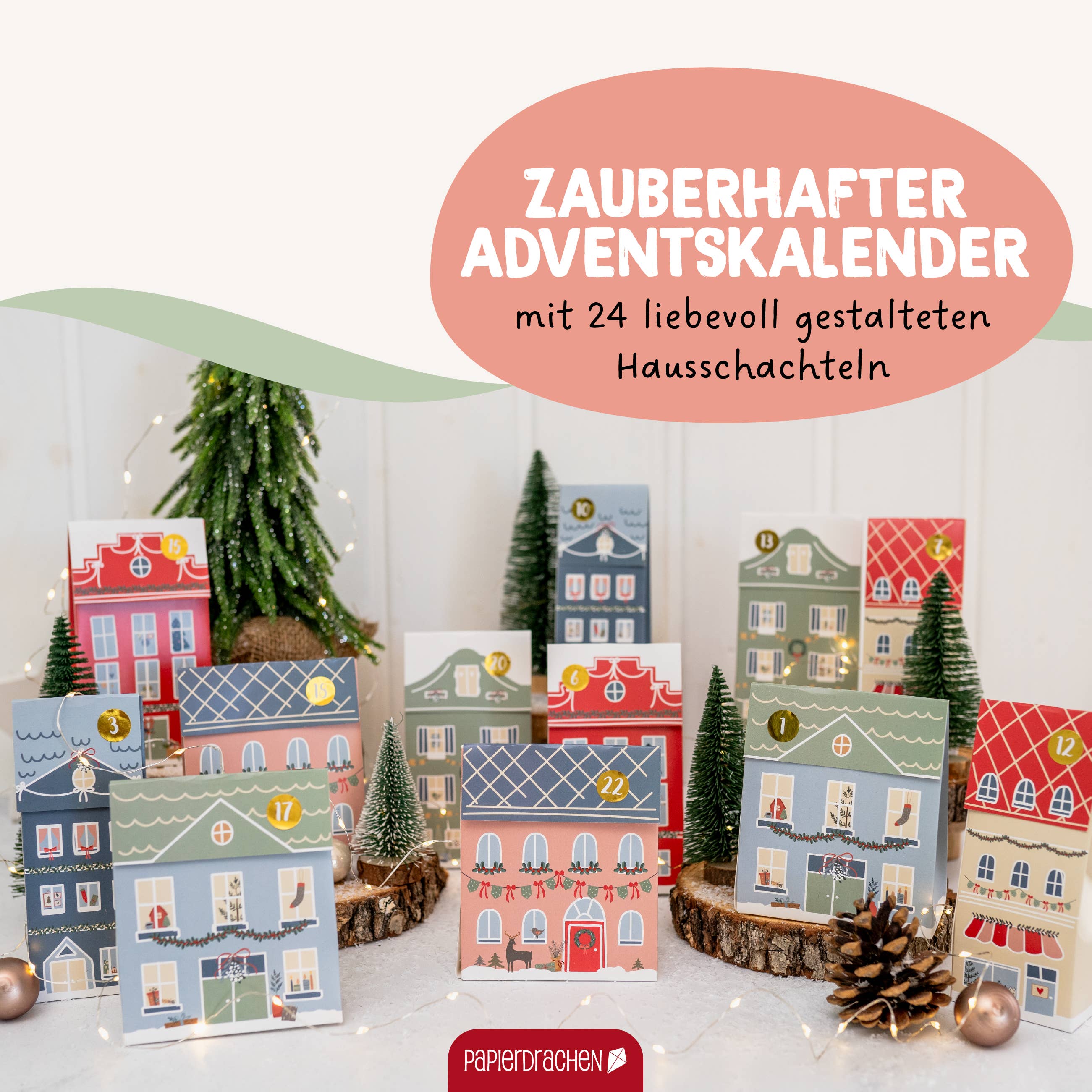 Papierdrachen – wholesale Adventskalender – Adventshus i pastell - set med lådor och påsar, julstad 011