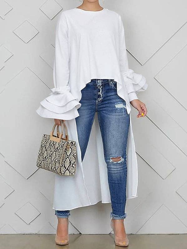 WHITE High-Low Loose Solid Color Split-Joint Tiered Round-Neck Blouses&Shirts Tops for wholesale on Faire
