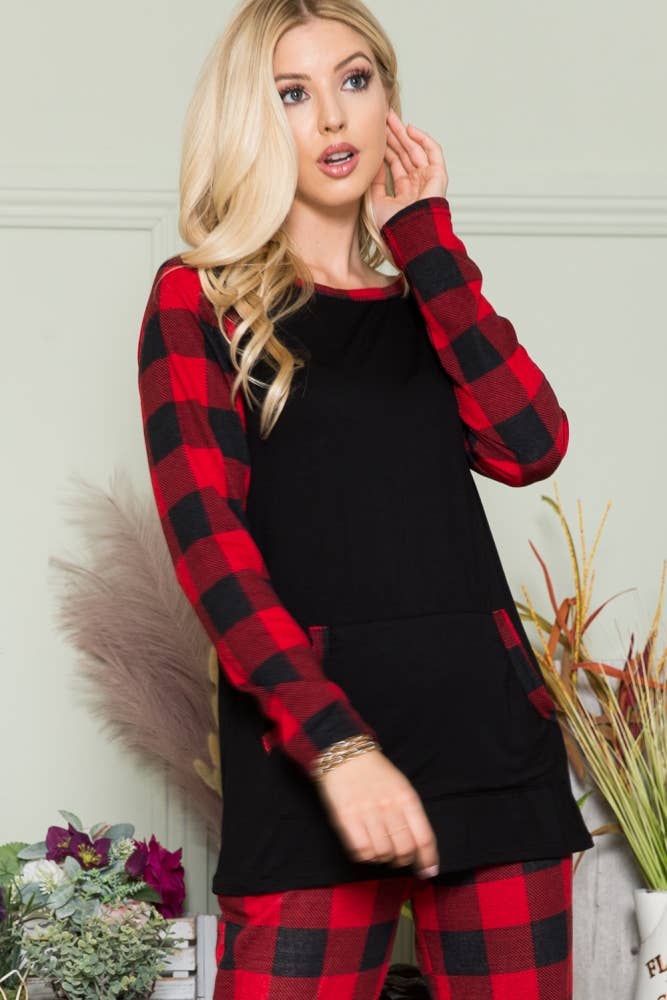 Celeste Clothing - Wholesale Knit Top - Women's - CT43591-SOLID TOP WITH PLAID CONTRAST SLEEVE4