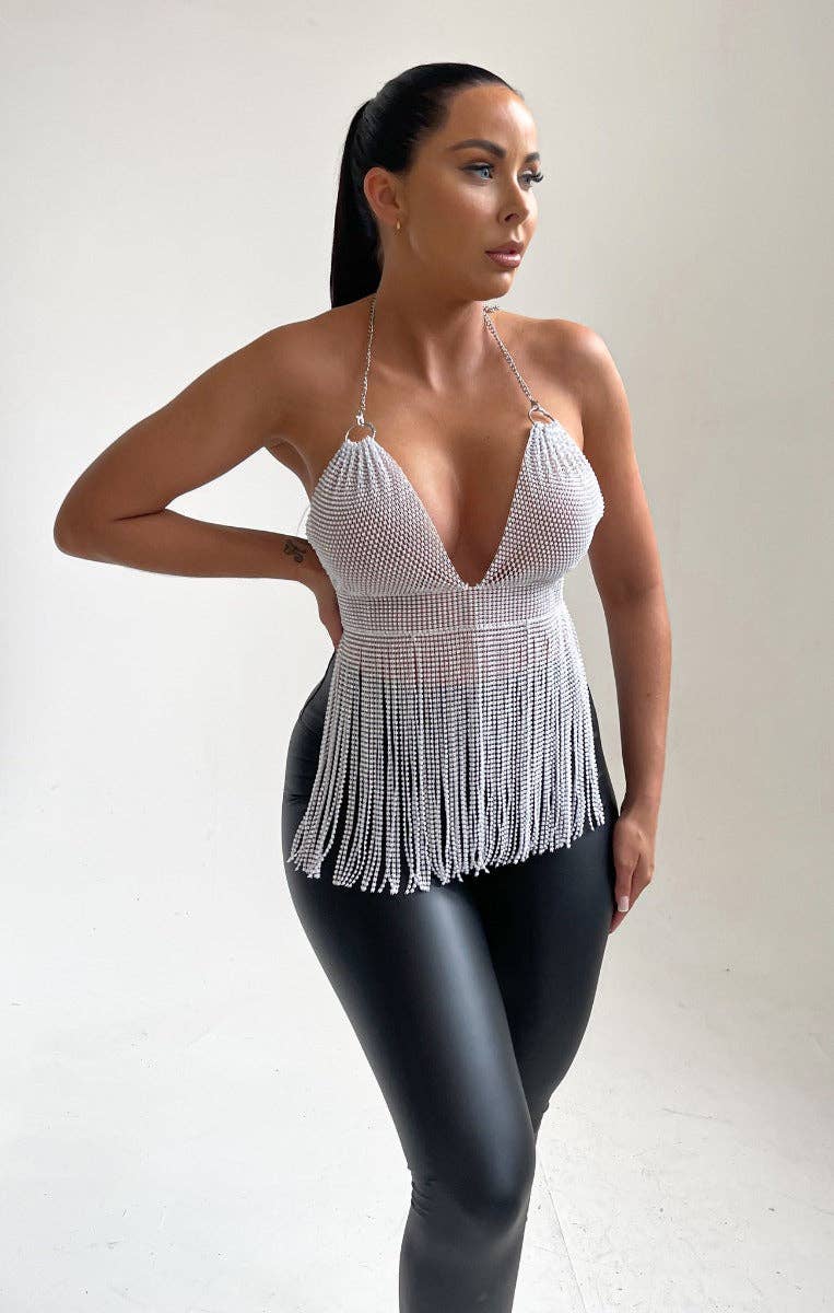 Femme Luxe - Vente Chemisier – femme - Haut à pompons blanc à col nu avec chaîne à dos ouvert - Dani1