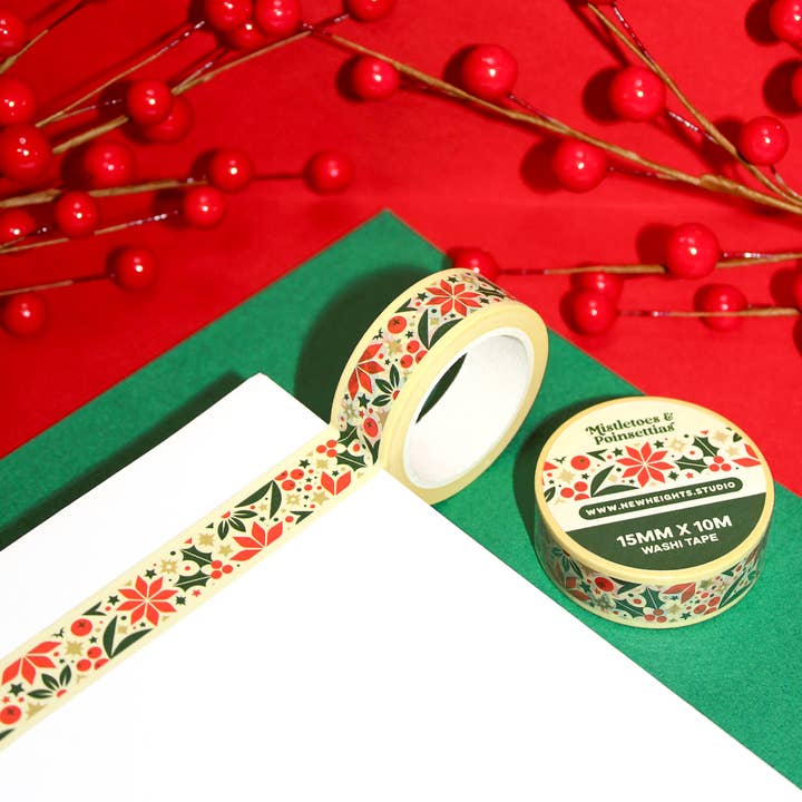 "Mistletoes & Poinsettias" Christmas Washi Tape (15mm/10m) for wholesale by New Heights Studio