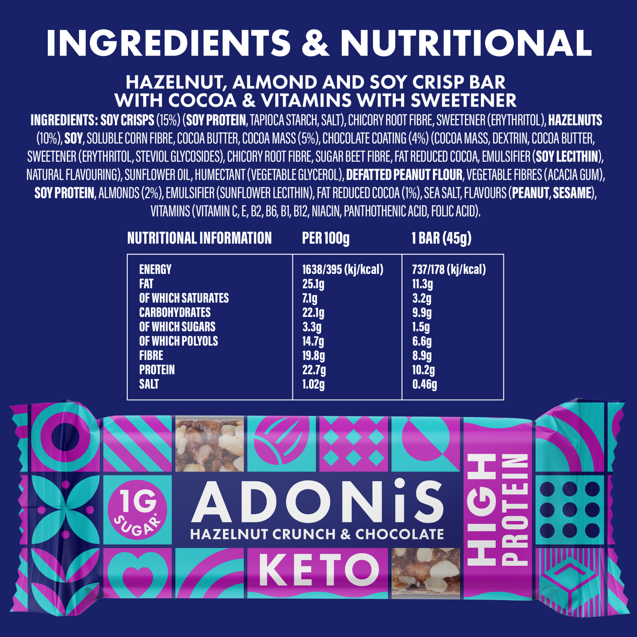 Adonis Foods Europe GmbH – wholesale Snacksbar – Proteinrika Keto-bars med hasselnötscrunch (16 x 45 g)5