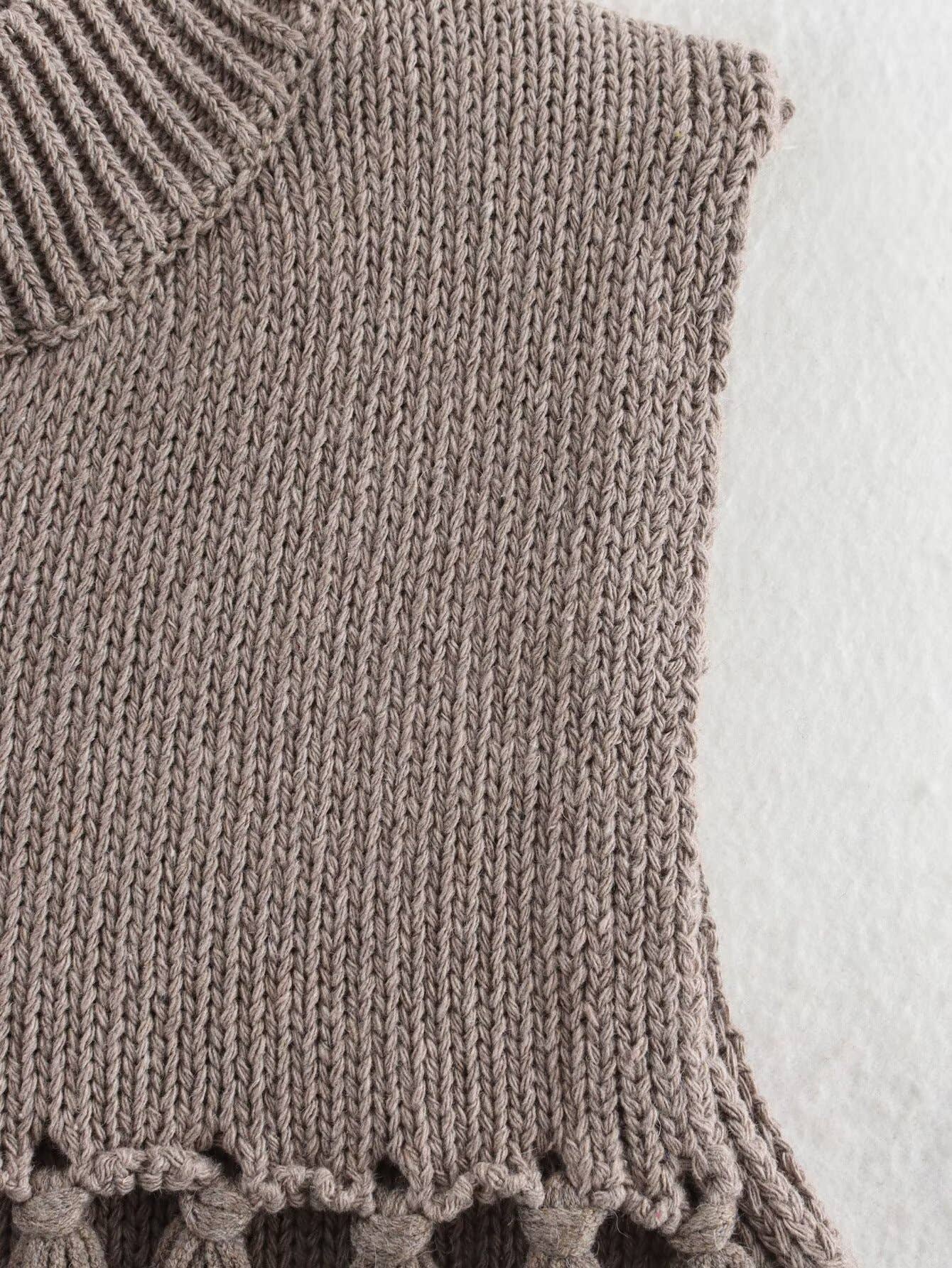 Khaki Stylish French Fringed Crewneck Knitted Vest for wholesale on Faire5