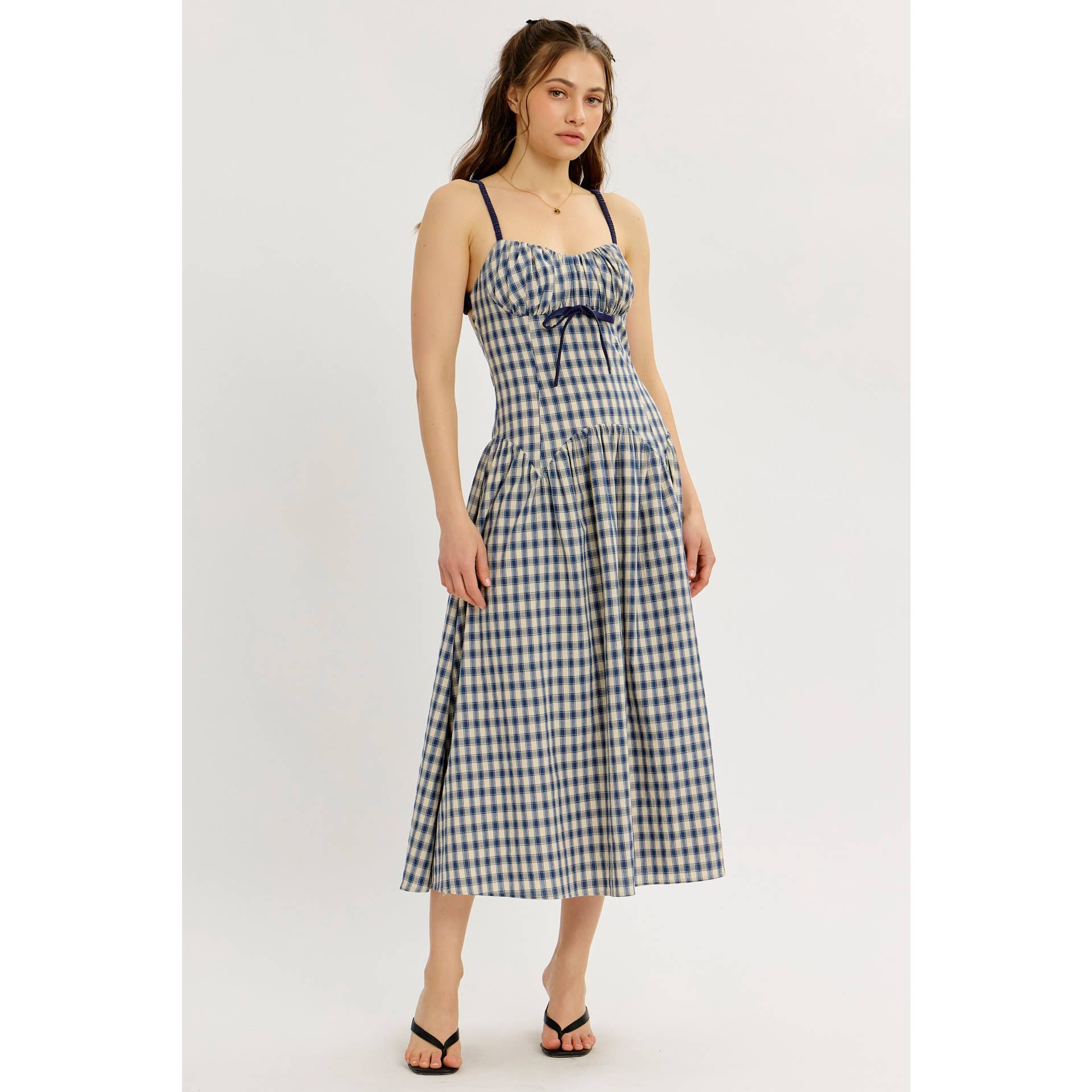 idem ditto - Wholesale Dress - Women's - PLAID MIDI DRESS WITH RUCHED BUST AND OPEN BACK0
