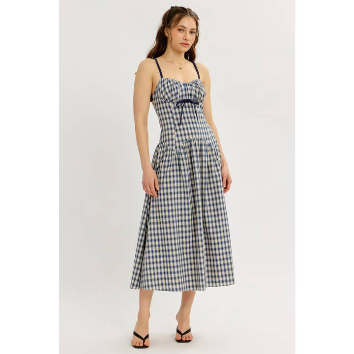 idem ditto - Wholesale Dress - Women's - PLAID MIDI DRESS WITH RUCHED BUST AND OPEN BACK