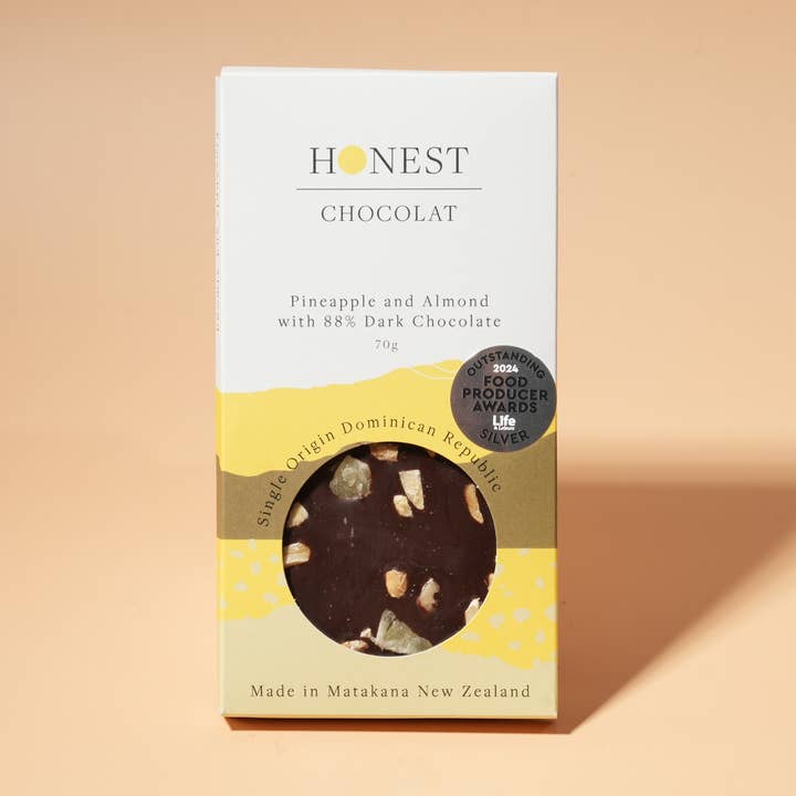 Pineapple & Almond - Dark Chocolate Bar - 88% Cacao for wholesale by Honest Chocolat