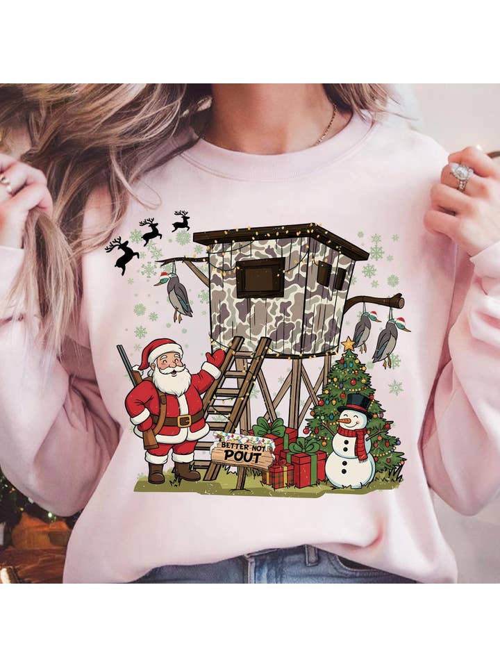 NVC Ecommerce LLC – wholesale T-shirt (graphic) – women's – Better Not Pout Christmas Shirt, Boys Santa Hunter Sweater1