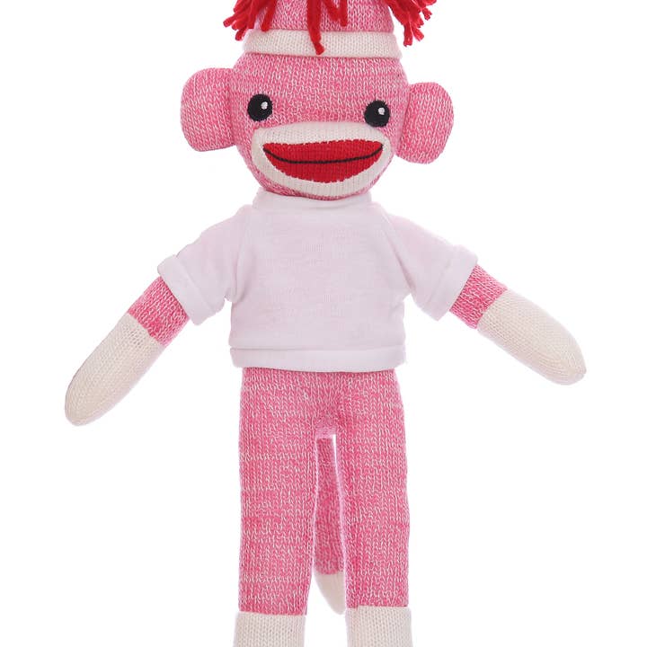 Plushland - Wholesale Stuffed/Plush Toy - Kids & Baby - Customizable 8" Pink Sock Monkey with Tee shirt