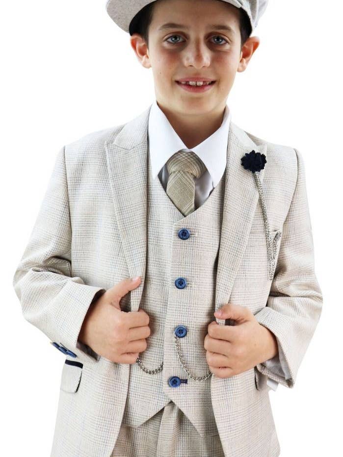 Boys 3 Piece Cream Herringbone Tweed Check Classic Suit for wholesale on Faire