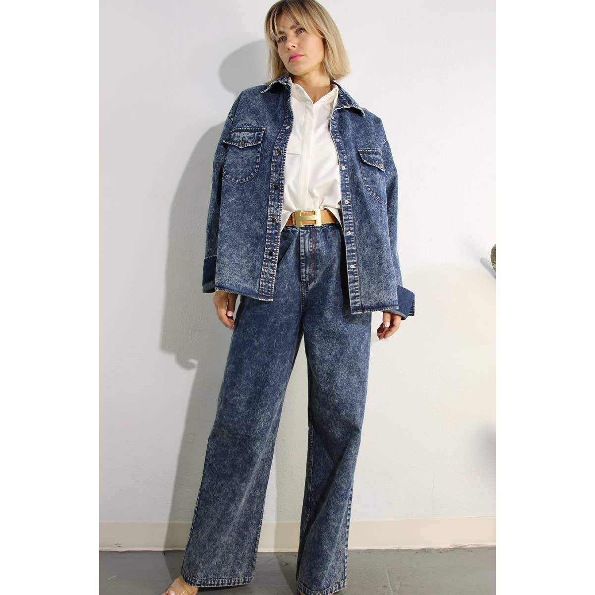WASHED DENIM SHIRTS JACKEET AND PANTS SET for wholesale on Faire6