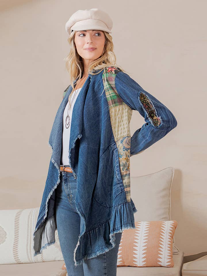 Young Threads - Wholesale Button Down Shirt - Women's - Western Boho Chic: Patched Denim Shrug ALSO IN PLUS