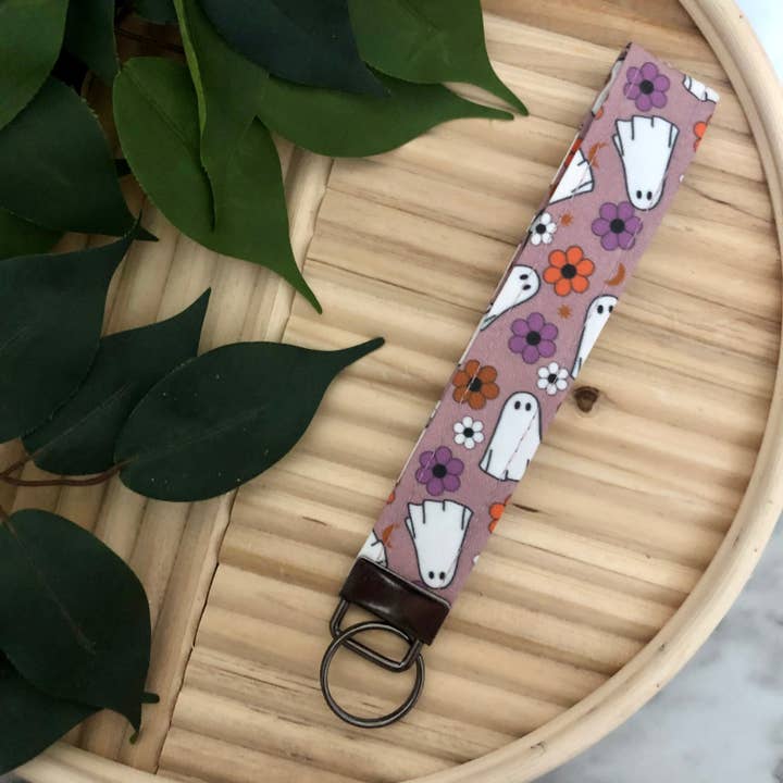 Floral Ghost Print Fabric Wristlet Keychain, Key Fob for wholesale by MDStickerShop