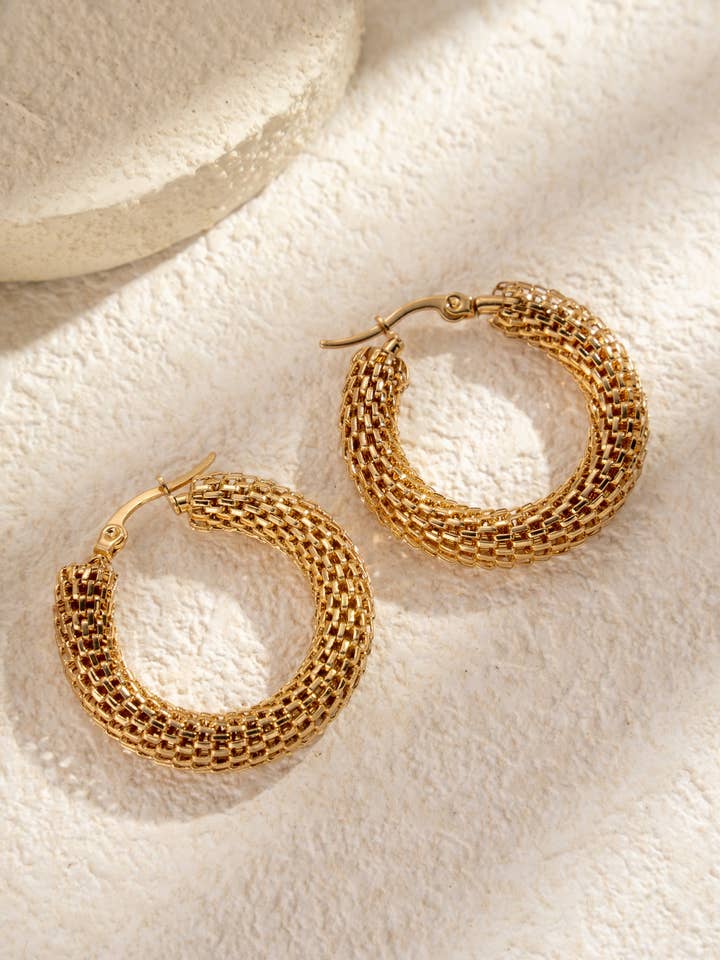 Gold-plated stainless steel braided hoop earrings for wholesale by COSMOS