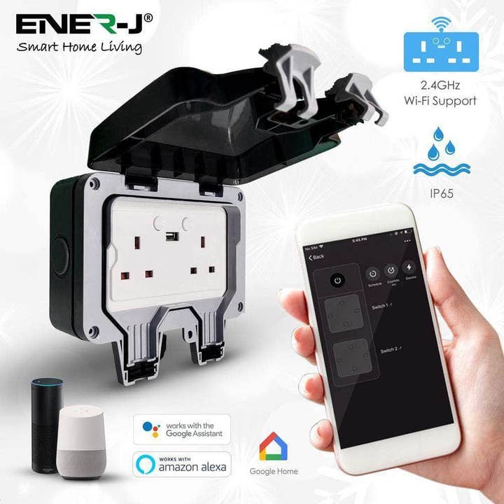 Ener-J Smart 13A WiFi Enchufe Doble Exterior Impermeable con USB - Clasificación IP55 para venta al por mayor de ENER-J