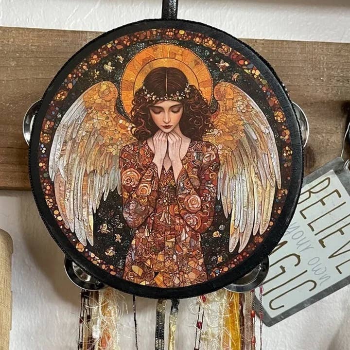 Charmed Angel Art 6" Tambourine and Ribbon with Oil Diffuser for wholesale by Bodhi Leaf Market