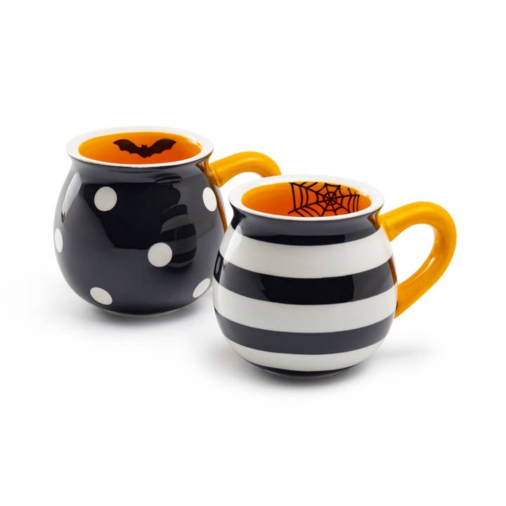 Grace Teaware - Wholesale Coffee Mug - Halloween Bat Dots and Spider Web Stripes 12oz Mugs Set of 2