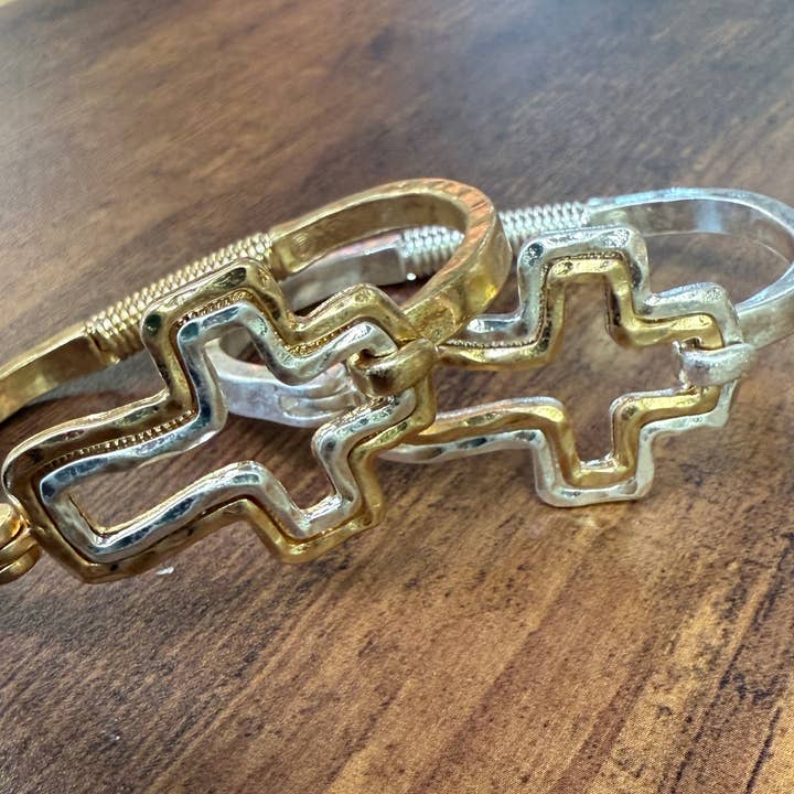 Beautiful Mixed Metal Cross Cuff Bracelet Gold OR Silver for wholesale by Paco Designs