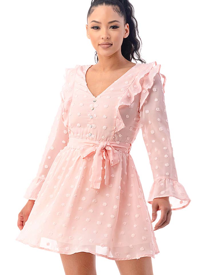 Swiss Dot Ruffle Mini Dress with Bell Sleeves for wholesale by Woven Pink