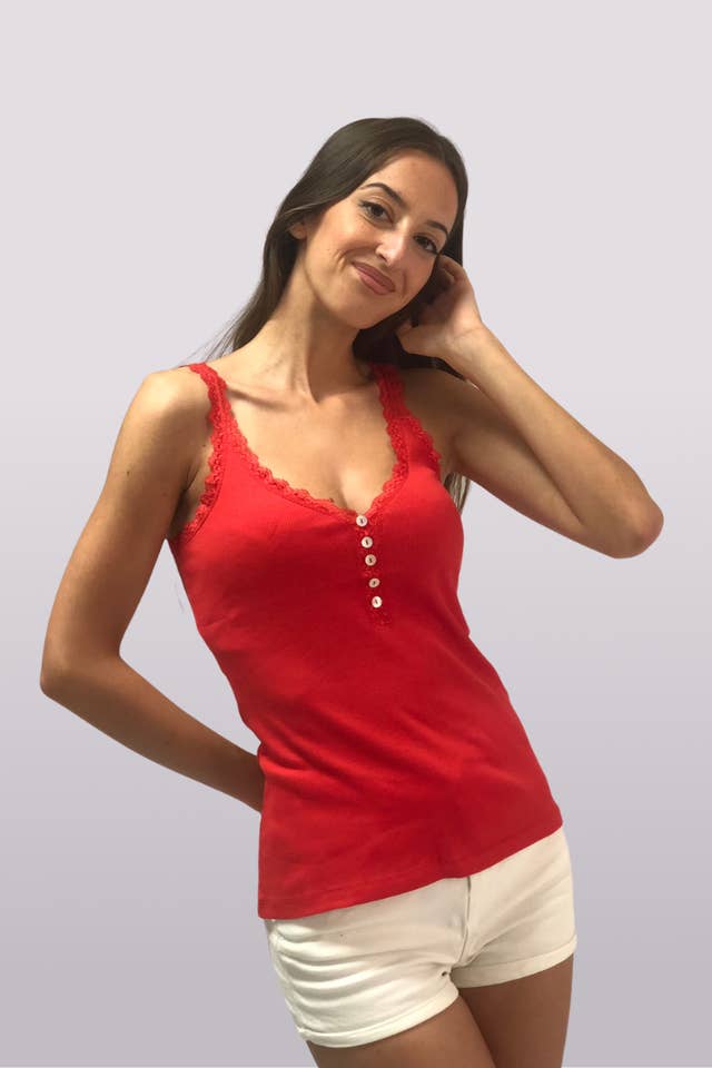 Tex Leaves - Wholesale Knit Top - Women's - V-neck Lace-Up Strappy Top with Buttons
