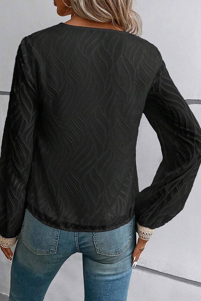 UNISHE - Vente Chemisier – femme - Top en mousseline à manches longues et col en V en dentelle GSS1157