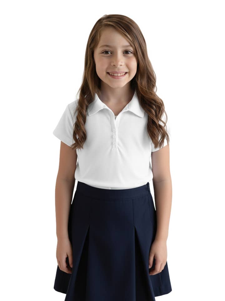 Polo à manches courtes pour filles à 3 boutons, taille 5-18, blanc pour la vente par Unik