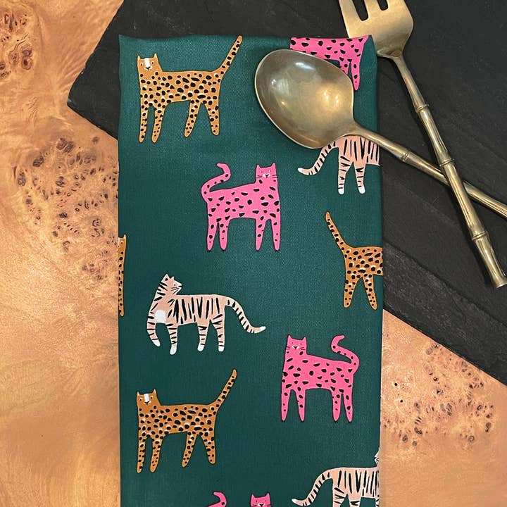 Idlewild Co. - Wholesale Tea Towel - Colorful Wild Cats Cotton Tea Towel with Embroidered Detail0