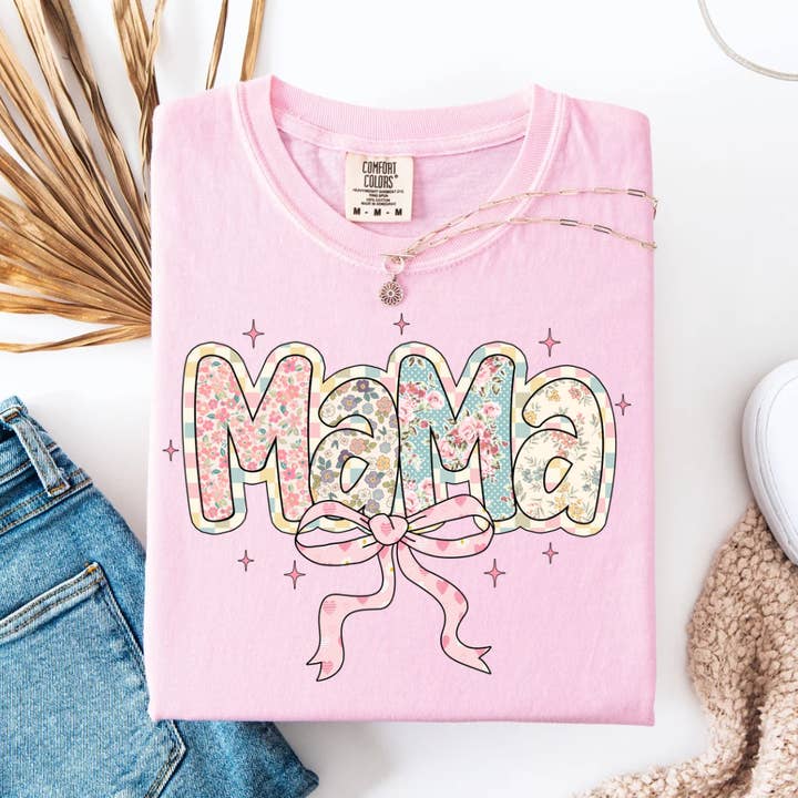 Floral & Checkered Mama Graphic Tee for wholesale by Festivitees