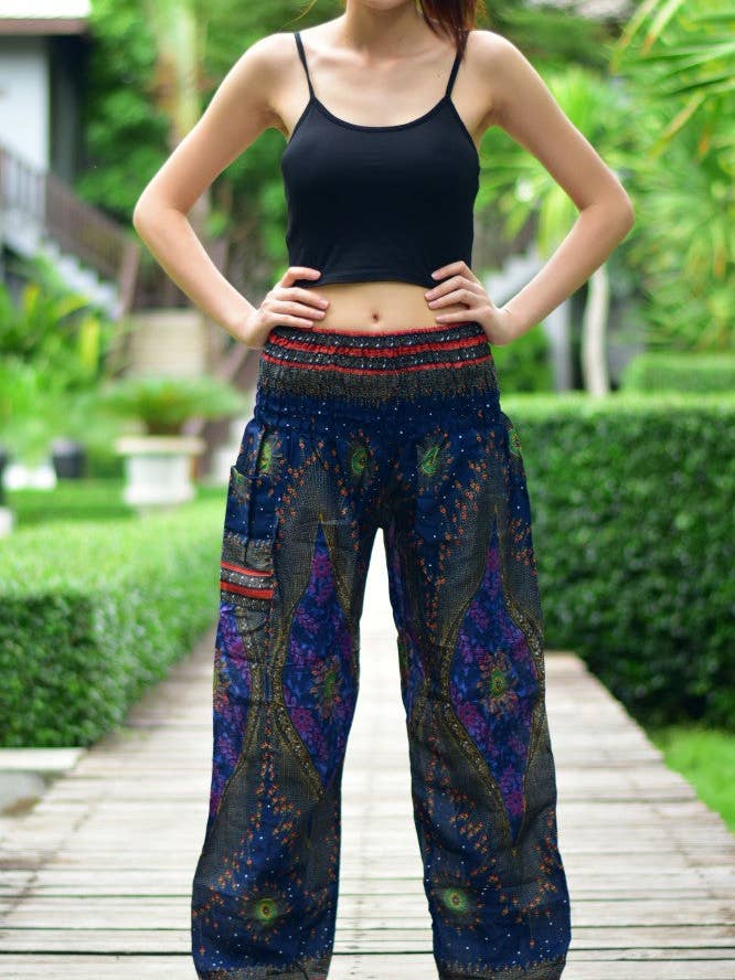 Calça harém de cintura elástica azul marinho Moonshine P-3XL por atacado de Bohotusk