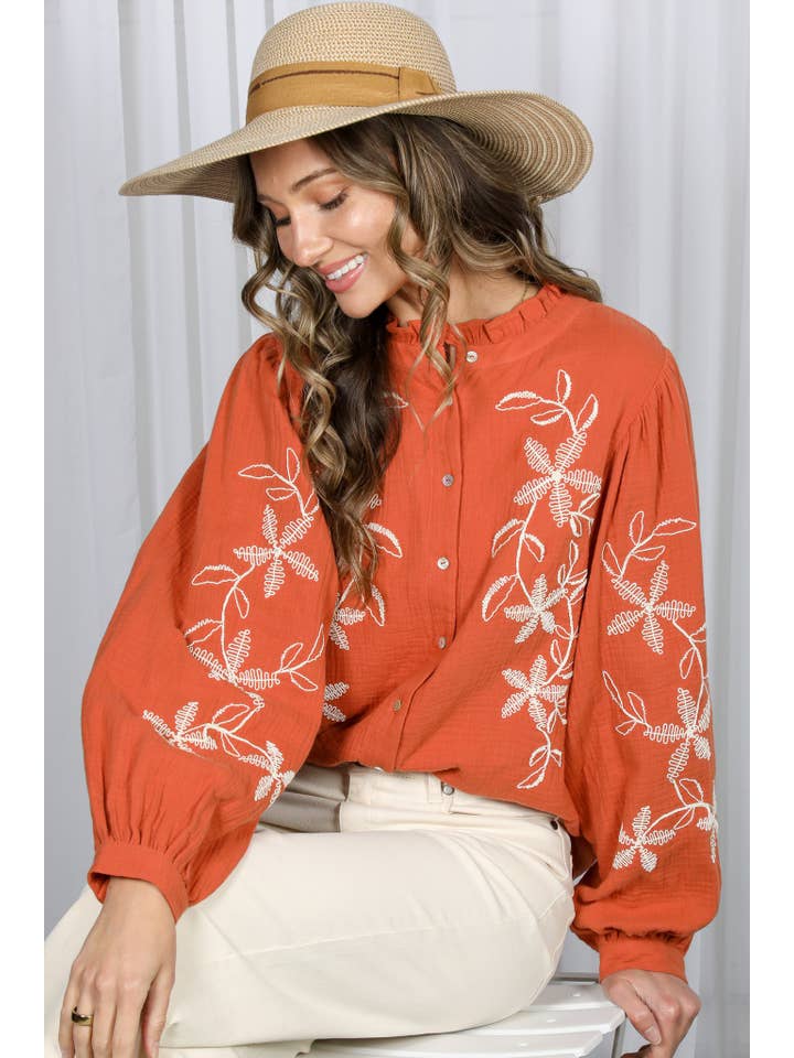 Vine & Love - Wholesale Blouse - Women's - Floral Embroidered Ruffle Neck Bohemian Blouse VT83000