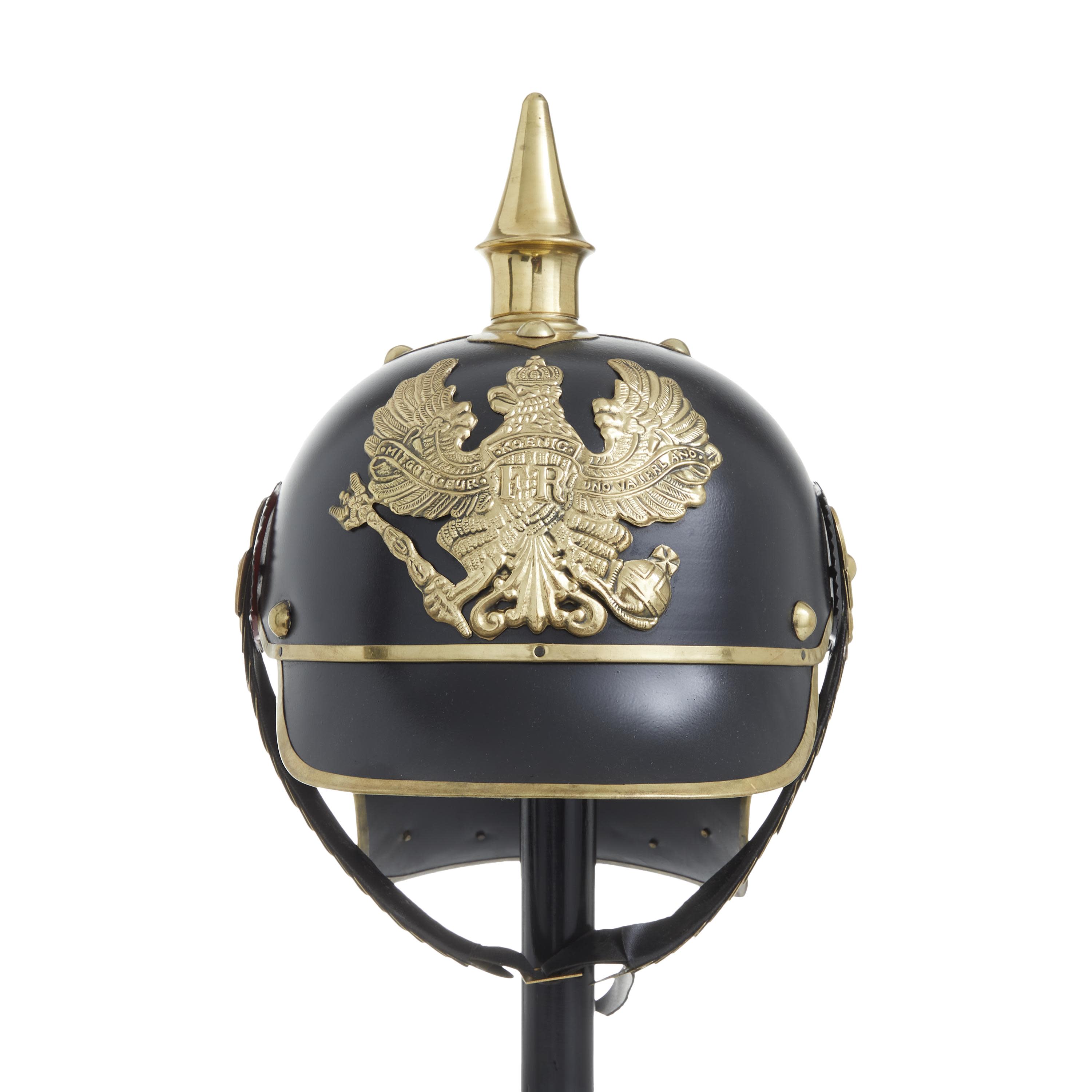 Import Corner – wholesale Decorative tabletop object – A-82622: METAL HELMET WITH WOOD STAND 9"W, 20"H1