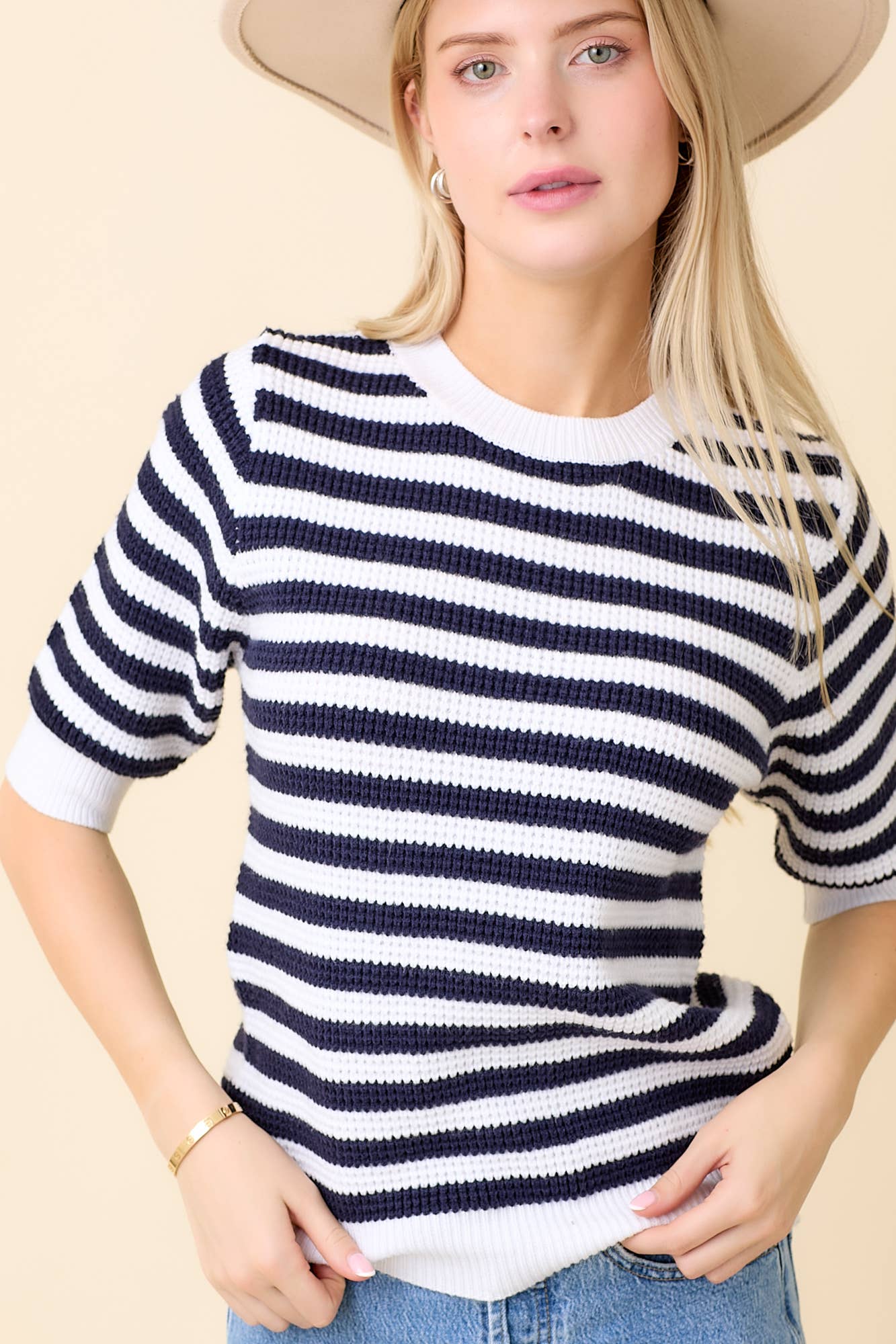Main Strip - Wholesale Knit Sweater - Women's - Classic Stripe Half Sleeve Knit Top3