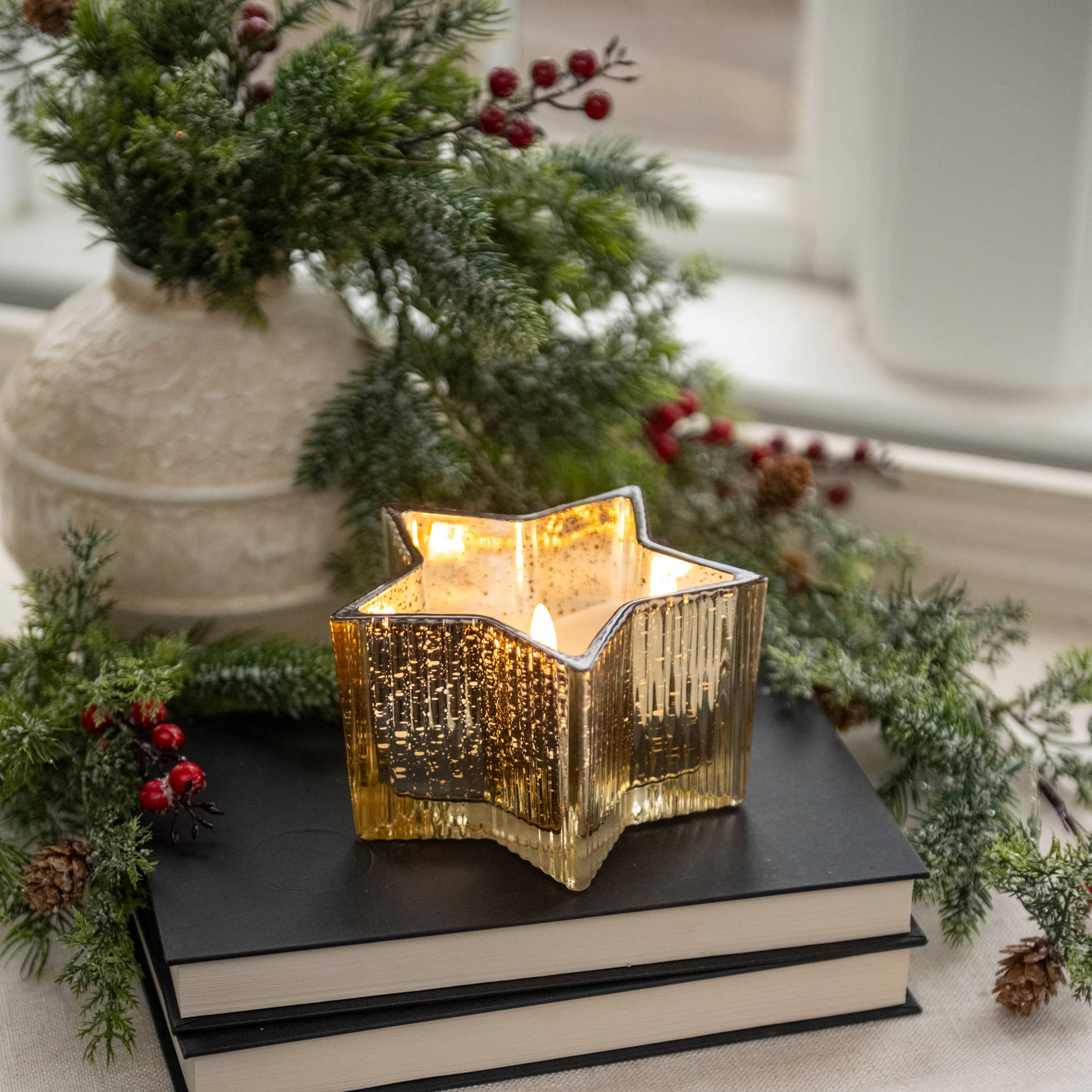 Ragon House - Vente Bougie sans flamme - Bougie flamme 3D étoile en verre mercure doré de 5,5"0