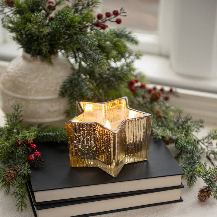 Ragon House - Vente Bougie sans flamme - Bougie flamme 3D étoile en verre mercure doré de 5,5"