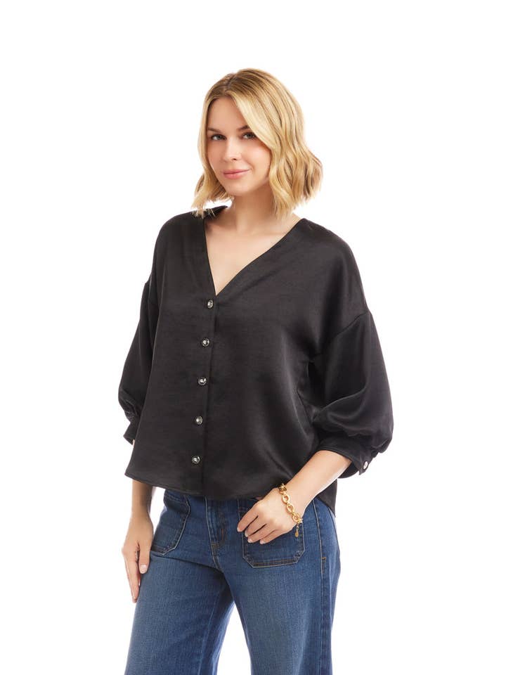 Black Lantern Sleeve Crystal Rhinestone Button Satin Top for wholesale on Faire1