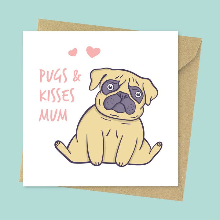 Pugs & Kisses, Cute Dog Mother's/Valentines/Birthday Card for wholesale by Goofy Guineas