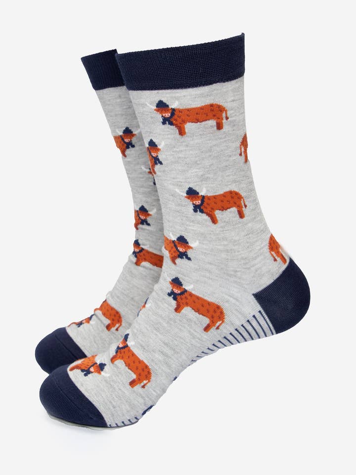 Men's Bamboo Socks - Grey/Navy Blue, Highland Cow for wholesale by Sock Talk