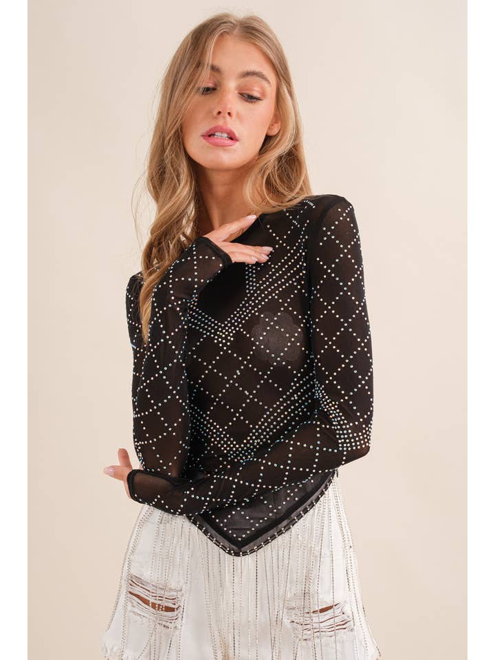 BLACK 32974T - Stretch Mesh Studded Rhinestone Fringe Long SLV Top for wholesale on Faire